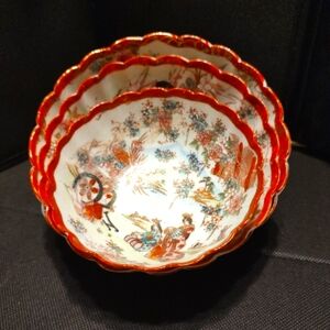 🔸⛩️🔸 Gorgeous Antique Vintage Hand Painted Japanese Porcelain Nesting Bowl Set